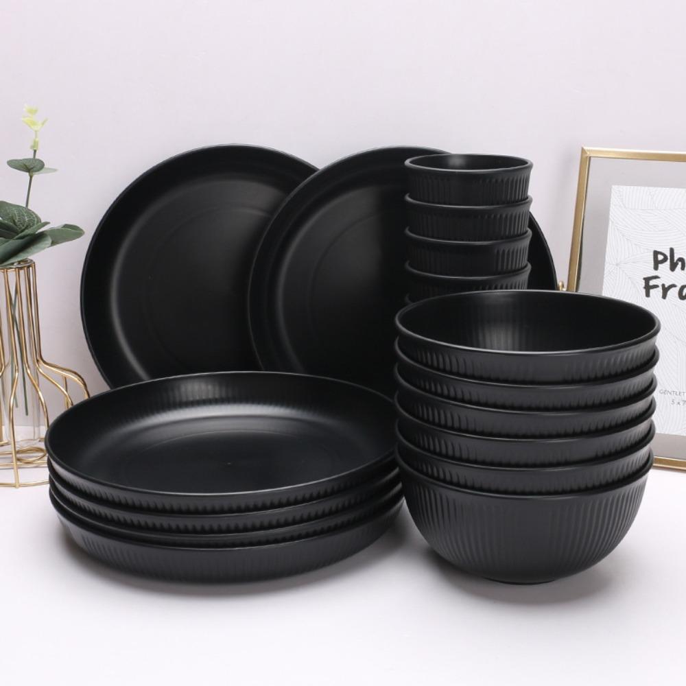 3pcs/set Plastic Black Tableware Set Vertical Stripes Plate/Bowl/Cup Cutlery Set  Outdoor