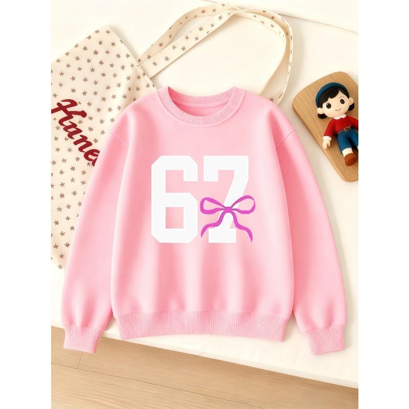 Kids Unisex Crewneck Sweatshirt, White Varsity 67 Number With Pink Bow Print Long Sleeve Pullover, Soft Sweatshirt for Boys Girls Over 4 Years Old