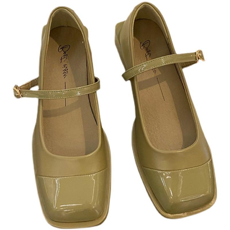 Honkongo juoda kvadratinė galva Madingi lengvi viengubi batai Moteriški batai su vienu mygtuku storu kulnu Mary Jane maži odiniai batai