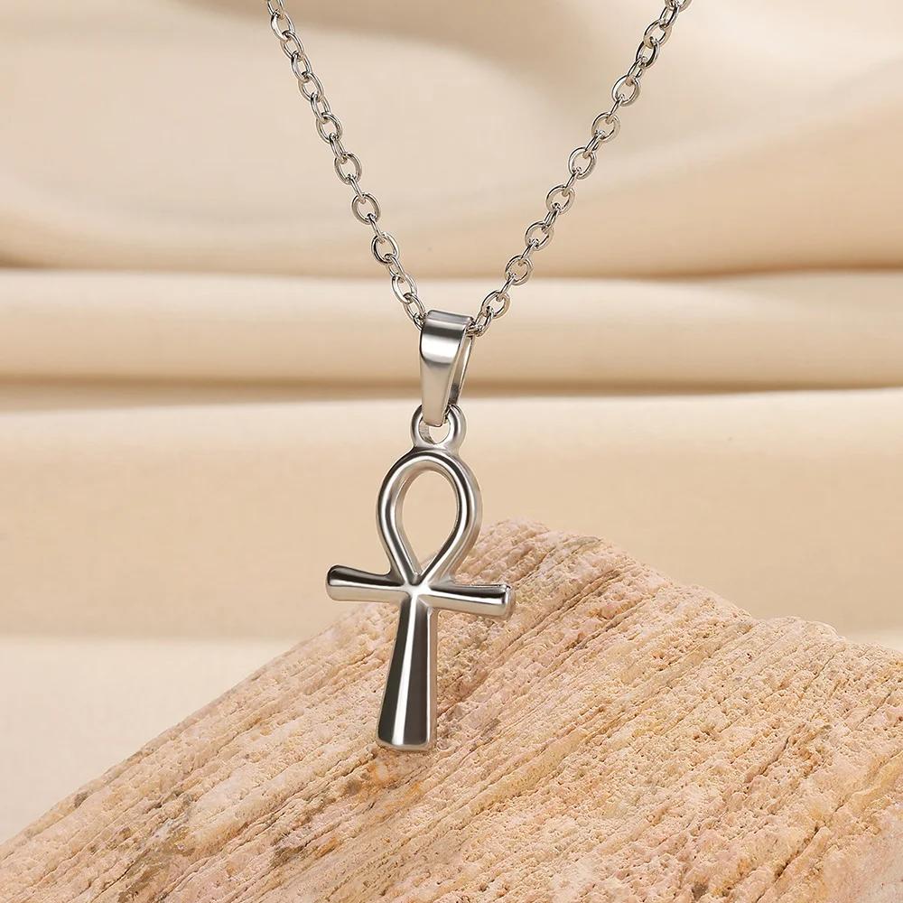 Religion Egyptian Ankh Crucifix Necklaces Gold Color Cross Charm Choker Stainless Steel Symbol of Life Jewelry Gifts Women Men
