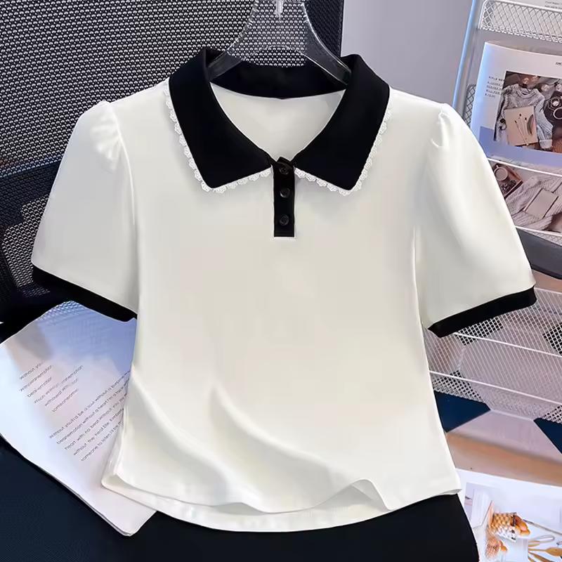 Female Summer Straight-Shoulder Short-Sleeve T-Shirt with A Short Peter Pan Collar