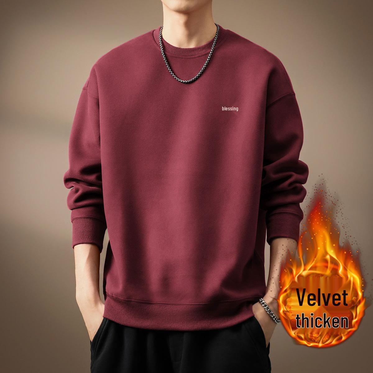 Men s Winter Red Plush Hoodie - Versatile Casual Crew Neck Sweater L for 120-140 lbs