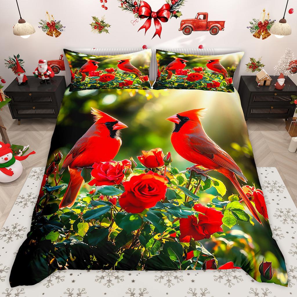 Homewish Wild Cardinal Bird Duvet Cover Set Merry Christmas Xmas Bed Set Snow Cherry Blossoms Quilt Cover Set