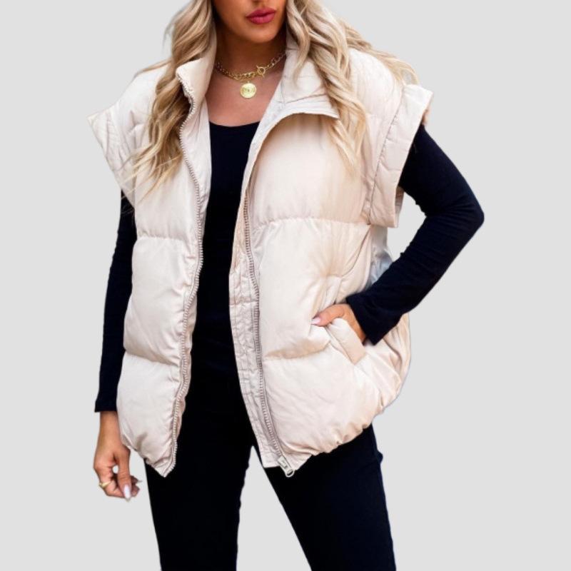Stylish European & American Women's Solid Color Zipper Pocket Cotton Vest - Stand Collar, Trendy Commuting Jacket