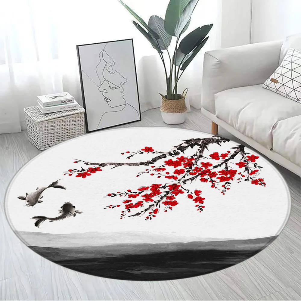 Japanese Style Round Carpet Mountain Cherry Blossom Koi Octopus Lotus Sea Waves Ink Art Living Room Home Decor Mats Floor Rugs