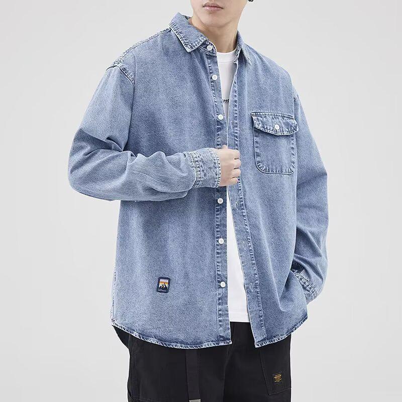 Męska koszula robocza z retro spranego denimu - Jednolity kolor, Długi rękaw, Luźny krój, Wiosna/Jesień