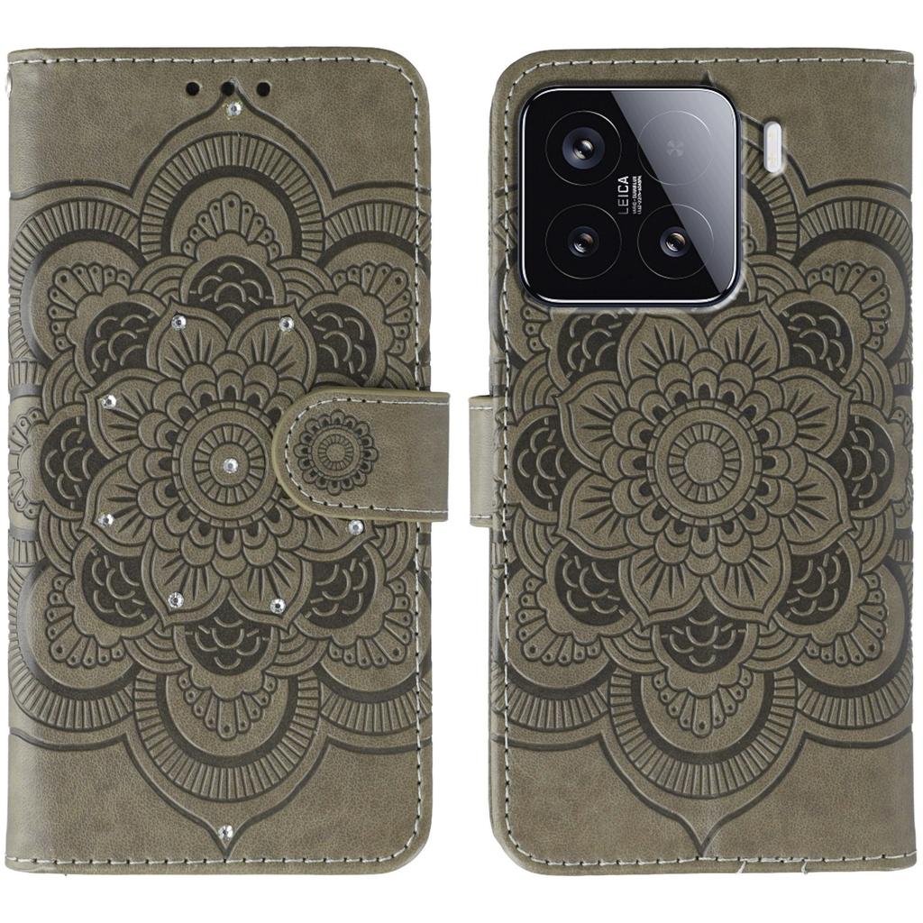 For Xiaomi 15 Case Rhinestone Decor PU Leather Mandala Imprinted Design Phone Cover with Wrist Strap