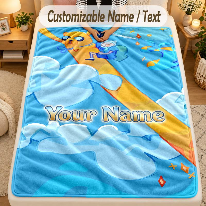 Flannel BlanketAdventure Time Cartoon Custom Name Text Personalized Soft Warm Throw Blanket Home Decor Gift