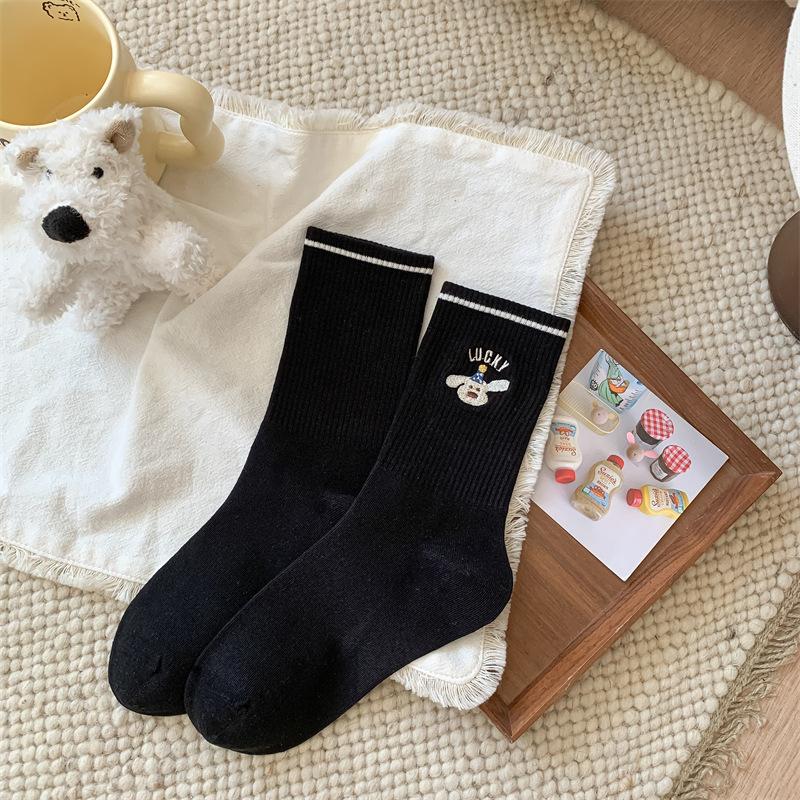 Female Autumn Cotton Polka Dot Striped Cartoon Puppy Cute Preppy Air Breathable Mid Tube Pile Socks