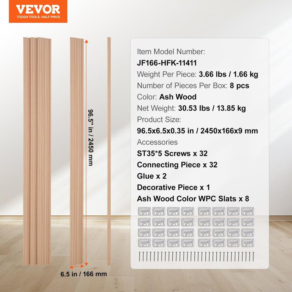 Wood Slat Acoustic Panels 8 PCS 96 X 6 Inch WPC for Modern Wall Ash Wood