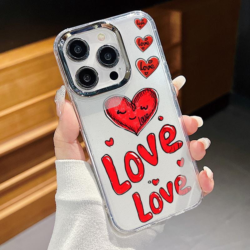 Fashion Colorful Love Hearts Print Clear Phone Case For iPhone 16 Pro Max 15 Plus 14 Pro 13 12 11 Plating Lens Protection Soft TPU Shockproof Cover