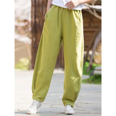 Retro Linen Striped Pants, Solid Color Pockets, Ramie Elastic Waist, Loose Women's Trousers