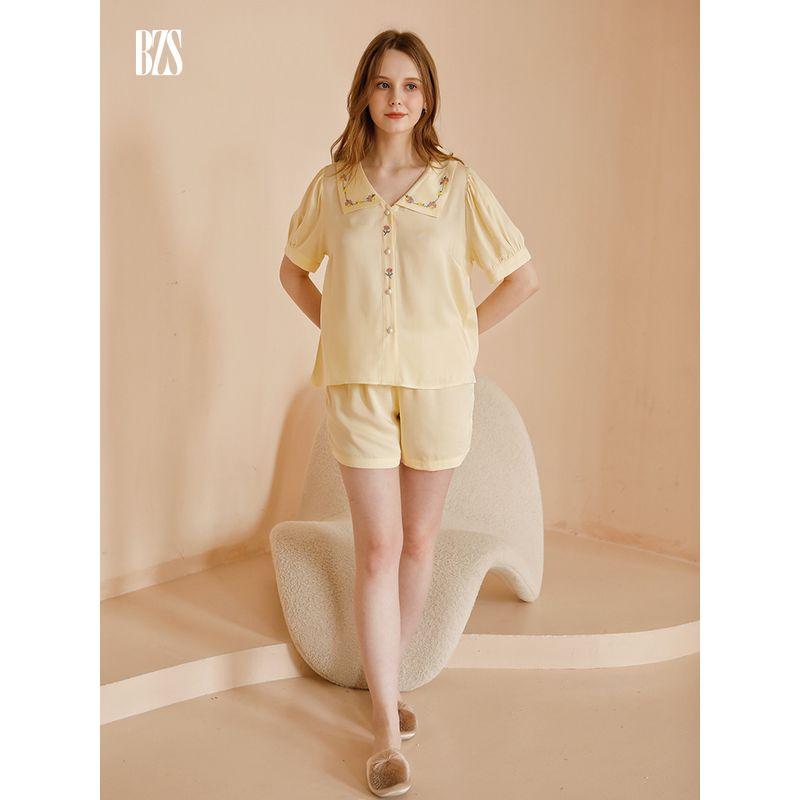 Summer 2024 Short Sleeve Embroider Rose Casual Shorts Cute plus Size Comfort Pajamas Homewear Suit Women