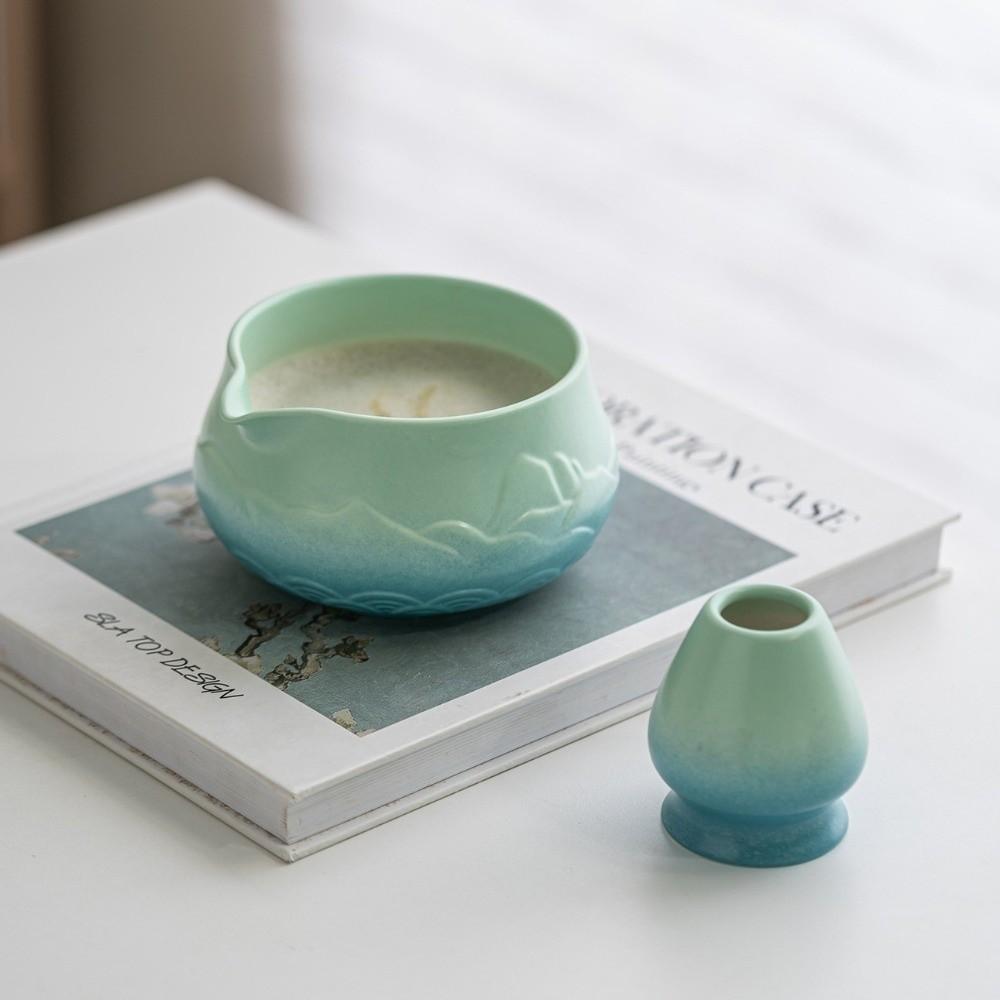 Ceramic Matcha Bowl Gradient Color with Pouring Spout Matcha Making Kit Reusable Mountain and Sea Japanese Tea Set Tea Lovers