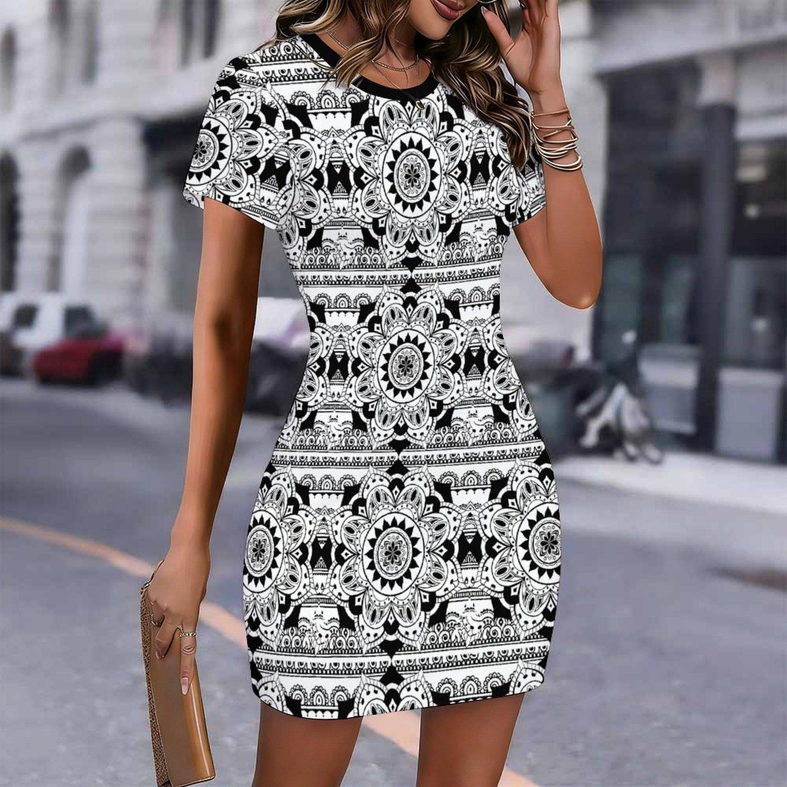 

Fashion Womens Loose Abstract Pattern Print O Neck Short Sleeve Loose Streetwear A-line Dress S чёрный
