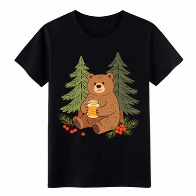Cute Bear with Honey Jar Pine Tree Graphic T-Shirt Nature Tee for Men Women