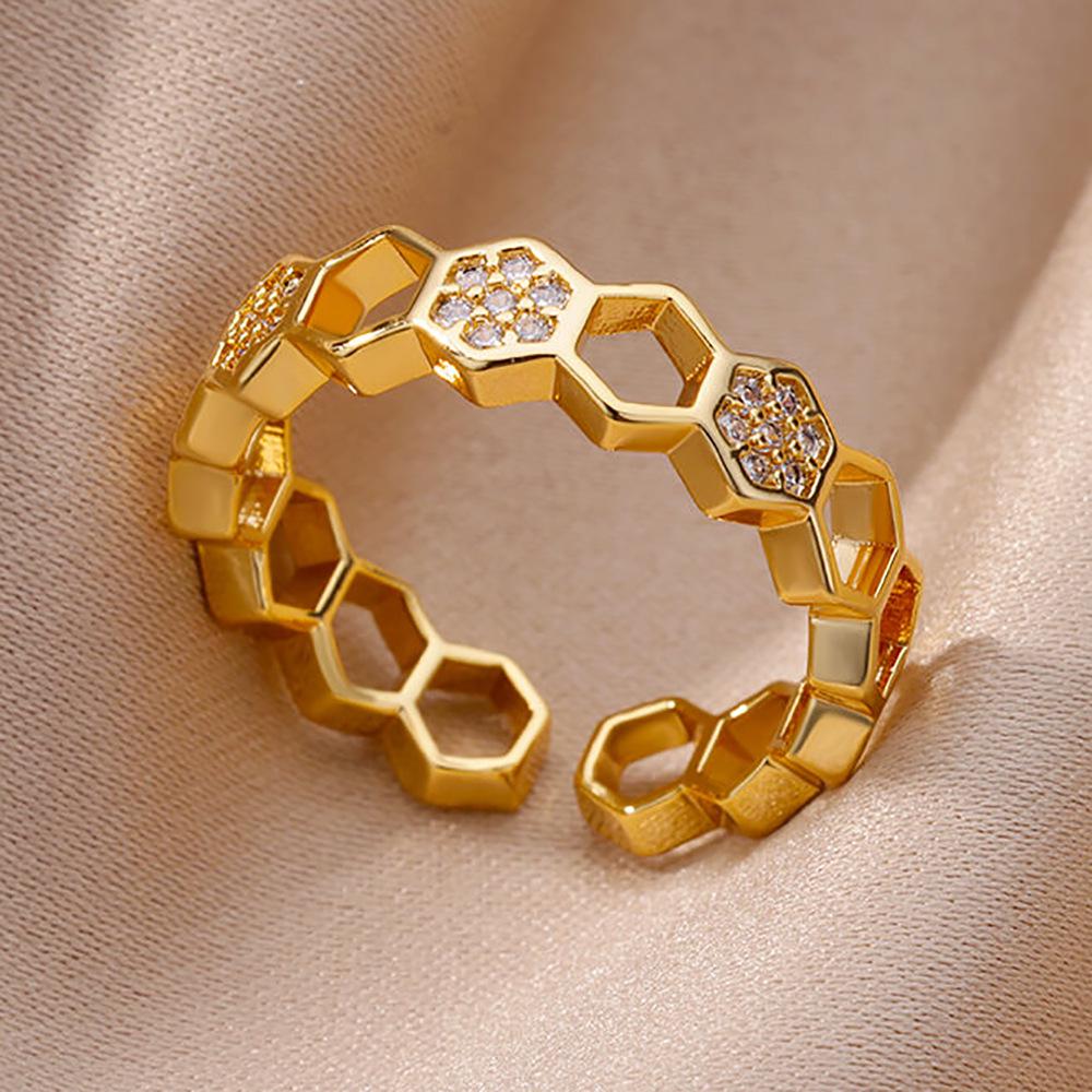 18K Gold Plated Open Ring with Zirconia Leaf Design - Luxurious, Non-Fading, Ideal for Women