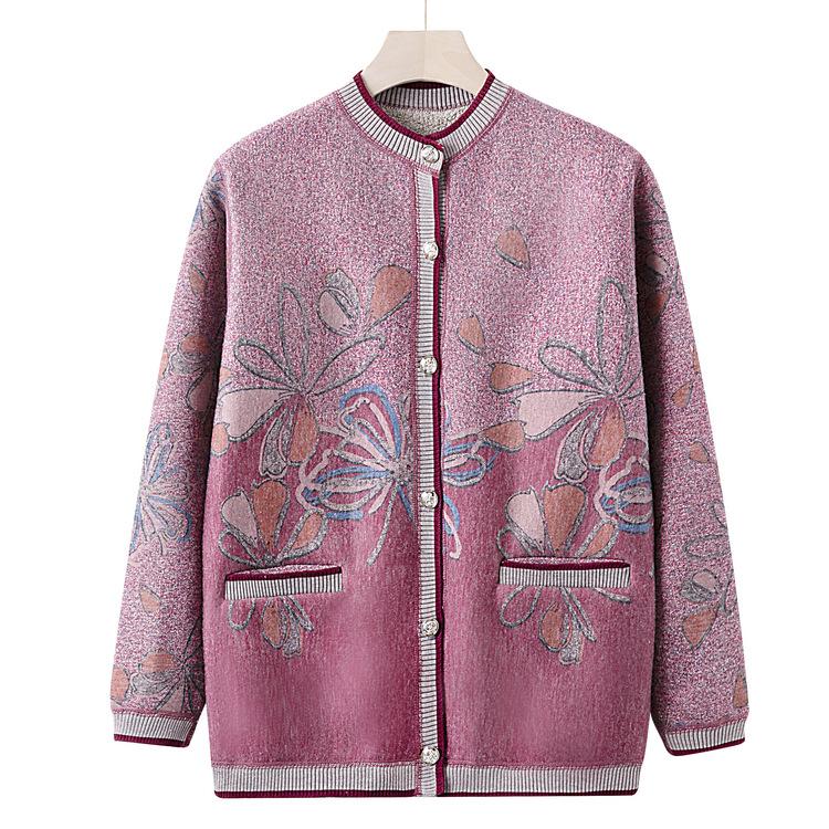Middle-aged and Elderly Autumn Sweater Coat Female Grandmother Plus Velvet Padded Knit Cardigan Mother Winter Coat Old Clothes