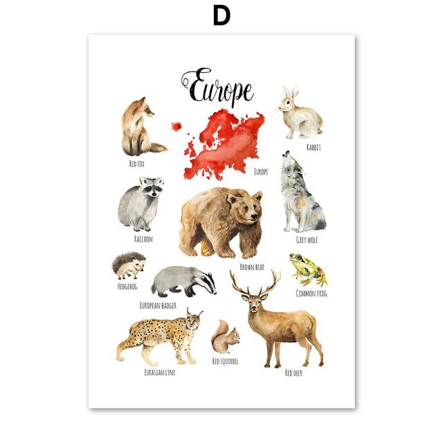 Harta Lumii Animalelor Postere și imprimeuri nordice Pește Dinozaur Artă Pânză Pictură Alfabet Număr Poze de perete Camera copiilor Decor pentru bebeluși fără cadru