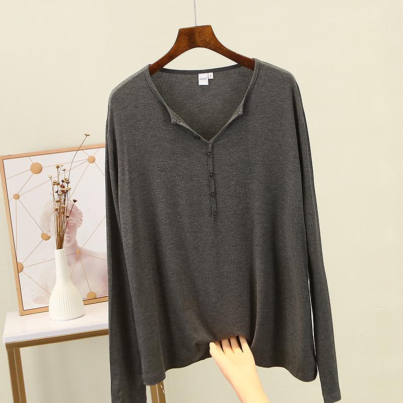 V-Neck Button-Down Long-Sleeve Modal T-Shirt - Loose Fit, Solid Color, All-Match Autumn Top