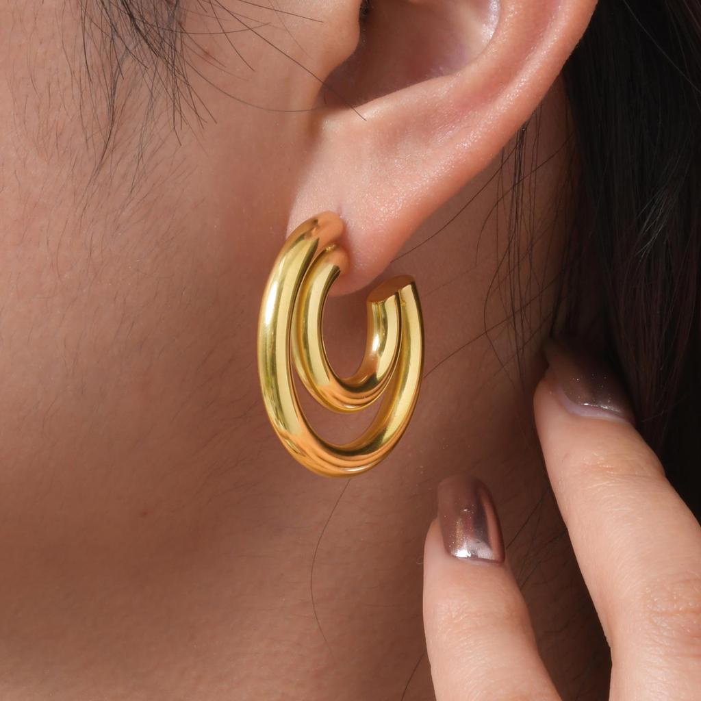 Classic C-shaped Earrings for Women,Gold Plated Stainless Steel Double Round Tube Earrings,Unique Jewelry Mother's Day Gift
