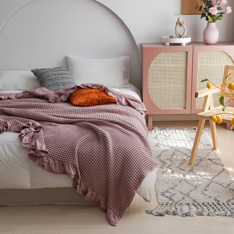songlibin Waffle Blanket, Semi-Double, Ruffled Cotton Blanket, Air Conditioning Protection, Bedding, Waffle Weave Cover, Quilted Blanket, Azuki Brown,