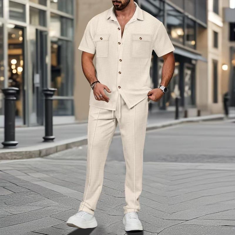 Men's Casual 2 Piece Waffle Knit Outfit Turn-down Collar Short Sleeve Shirt with Chest Pockets & Straight Leg Trousers Beige