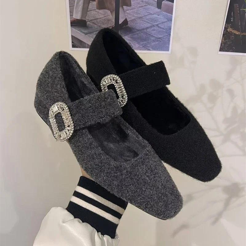 Fashion Warm Fleece 3CM Women Mary Jane Shoes Fashion Crystal Buckle 2025 Spring Wedding Party Female Shoes