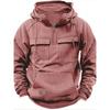 Men's Hooded Solid Color Multi-Pocket Leather Patch Sweatshirt - European & American Style, Spring/Fall Collection.
