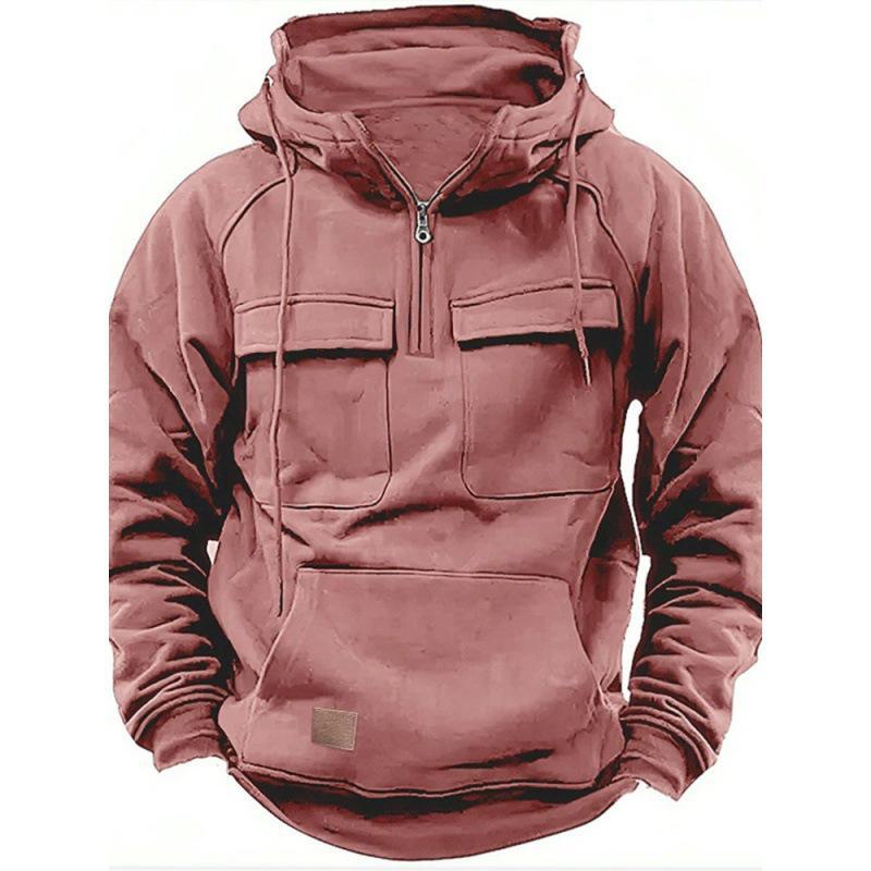 Men's Hooded Solid Color Multi-Pocket Leather Patch Sweatshirt - European & American Style, Spring/Fall Collection.