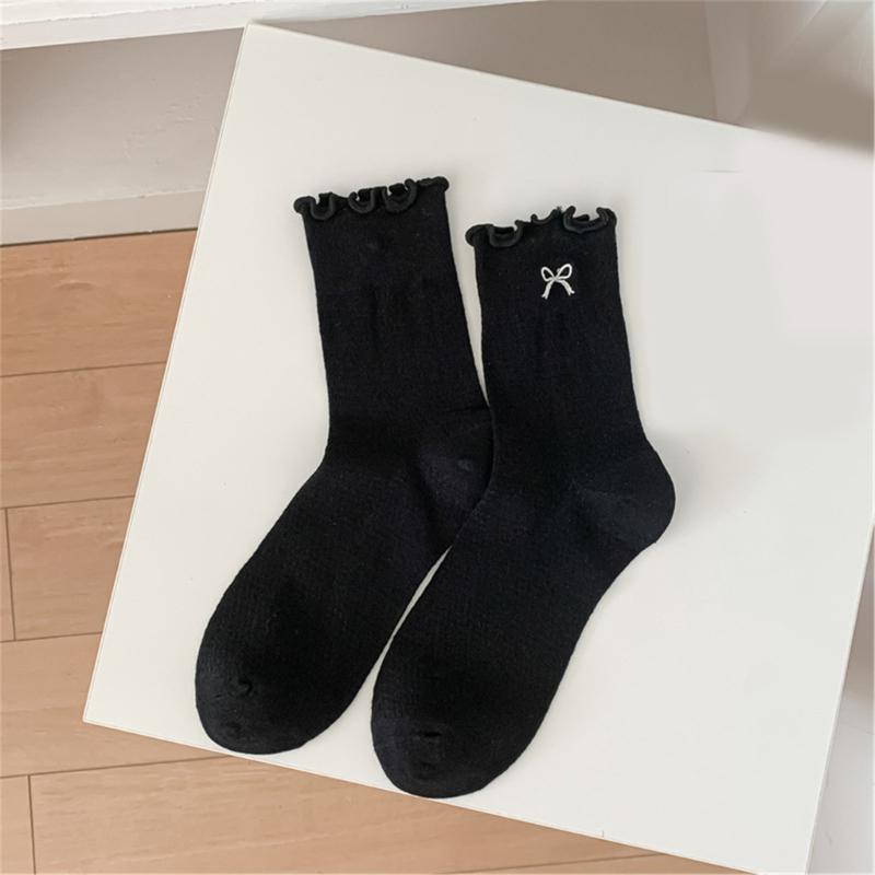 Elegant Embroidered Bowknot Mesh Middle Calf Socks Comfortable Stretch Cotton Solid Ruffle Frilly Ankle Socks for Women