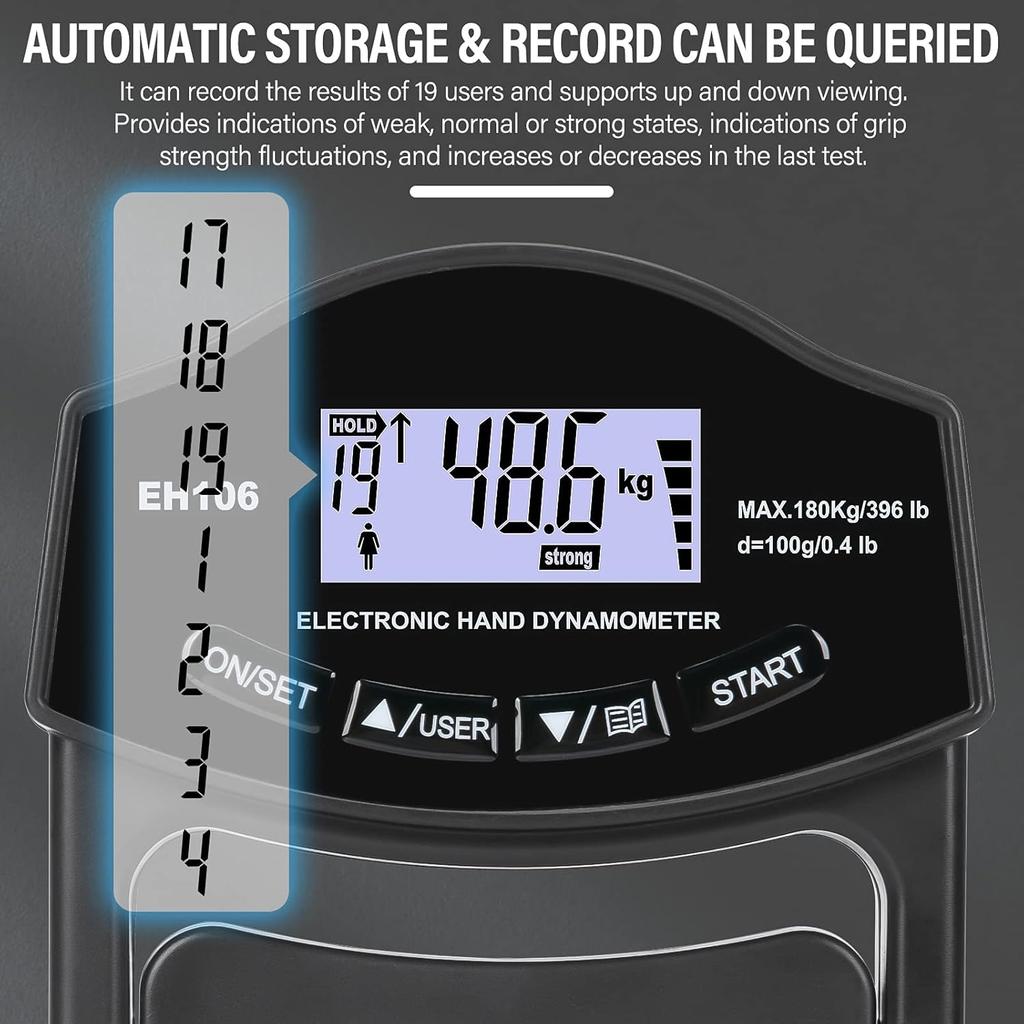 Grip Strength Tester, 396Lbs/180kg Digital Hand Dynamometer Grip Strength Meter USB Rechargeable Bright LCD Screen Hand Grip Dynamometer for Sport,