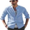 Mens Solid Color Vintage Casual Loose Long Sleeve Stand Collar Henley Shirt