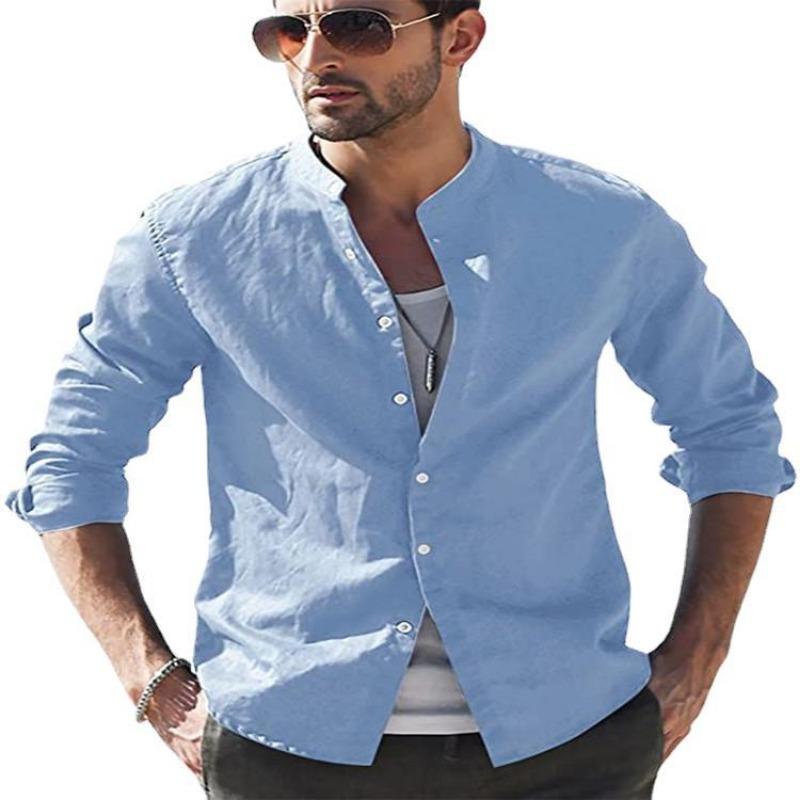Mens Solid Color Vintage Casual Loose Long Sleeve Stand Collar Henley Shirt