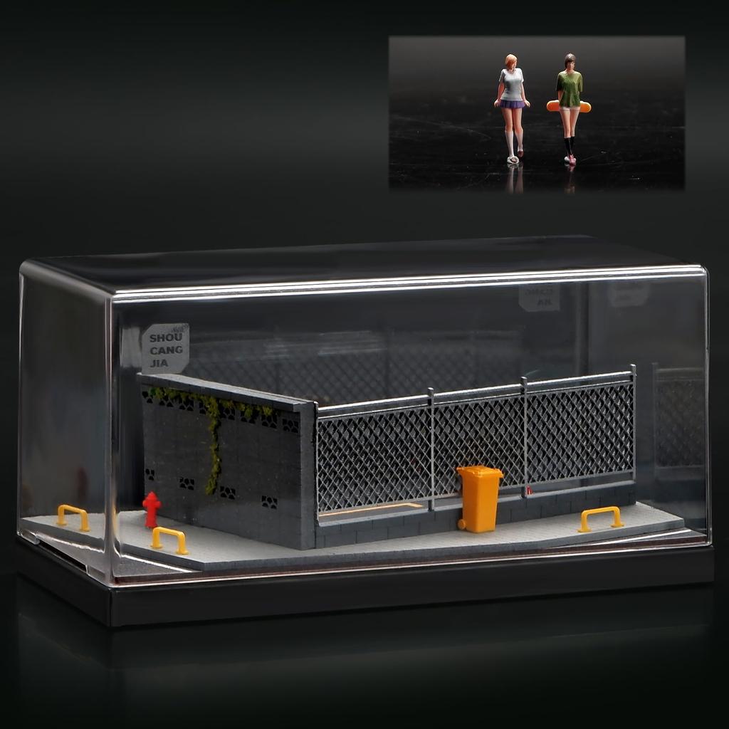 Shoucangjia Display Case for Tomica, Hot Wheels, Matchbox Cars 1:64 Scale Model Garage with Dust Cover, Street Fence Scene Diorama Parking Showcase