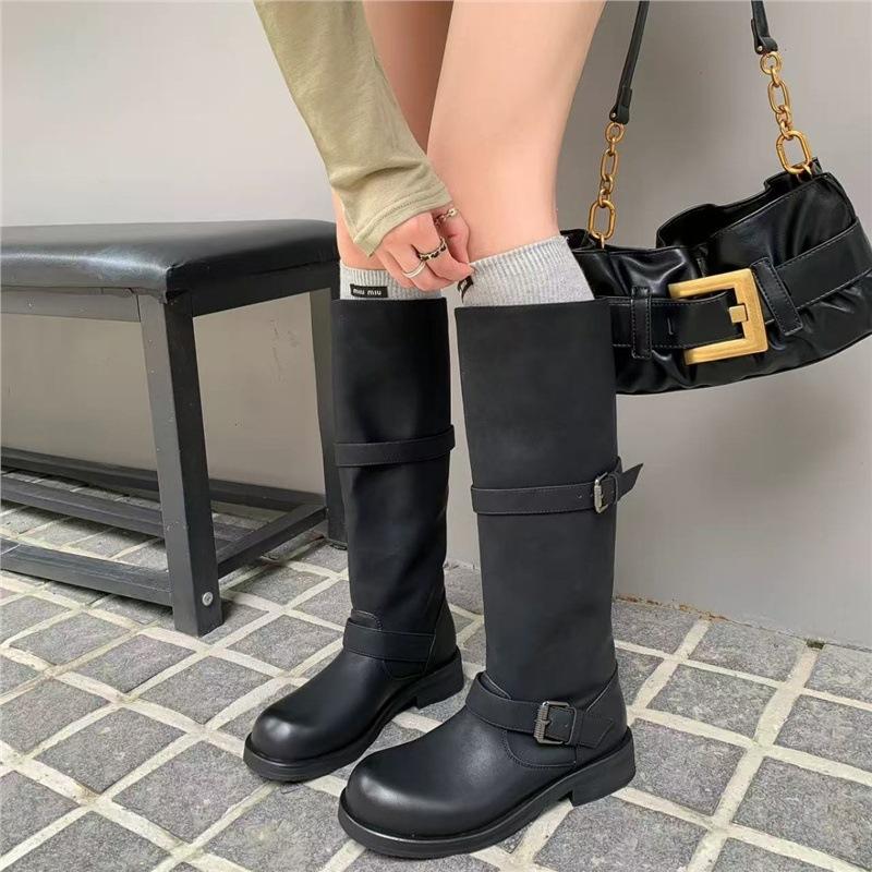 But Knee Boots Women'S New Round Head Belt Buckle Western Cowboy Knight Boots High Boots