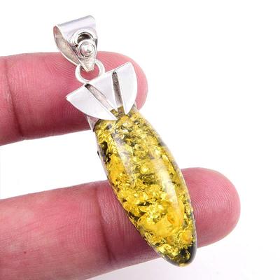 Natural Man Made Amber Gemstone 925 Solid Sterling Silver Gift Pendant 2" j0F45