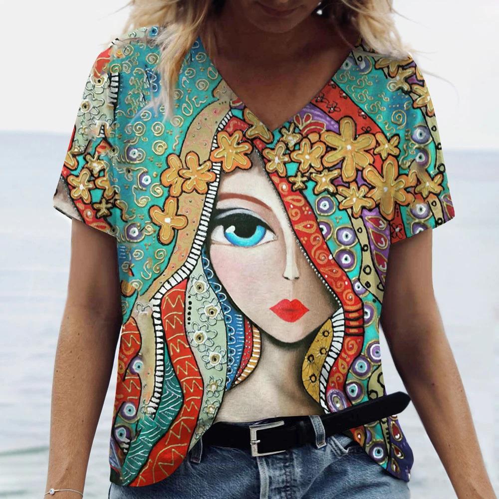 Facial Printed T-shirt Short Sleeved Top Casual Street Women's T-shirts