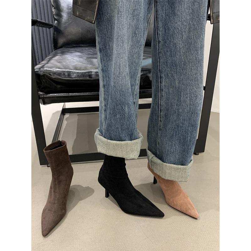 High Heel Pointed Suede Skinny Boots Small Short Boots Women'S Shoes Spring, Autumn And Winter Velvet Korean Small Ankle Boots