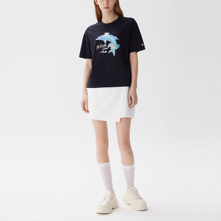 Fila Dolphin Print Casual Sport Short Sleeve T-Shirt Women Tops Black F51W128107F-BK