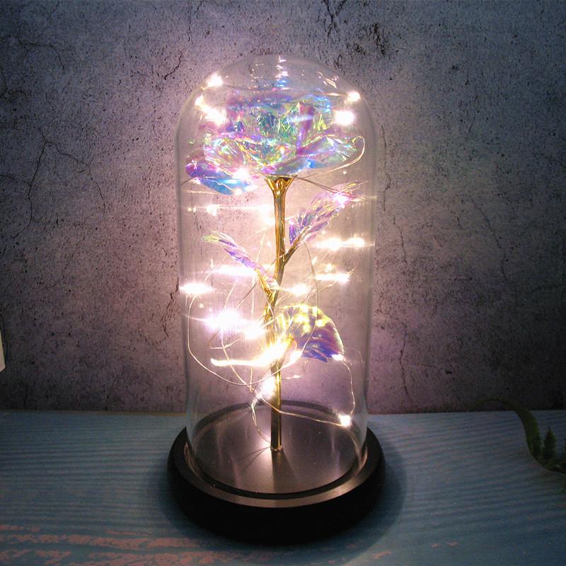 Leuchtende Goldfolien-Rose mit Konservierter Blume unter Glasabdeckung - Tanabata Valentinstagsgeschenk
