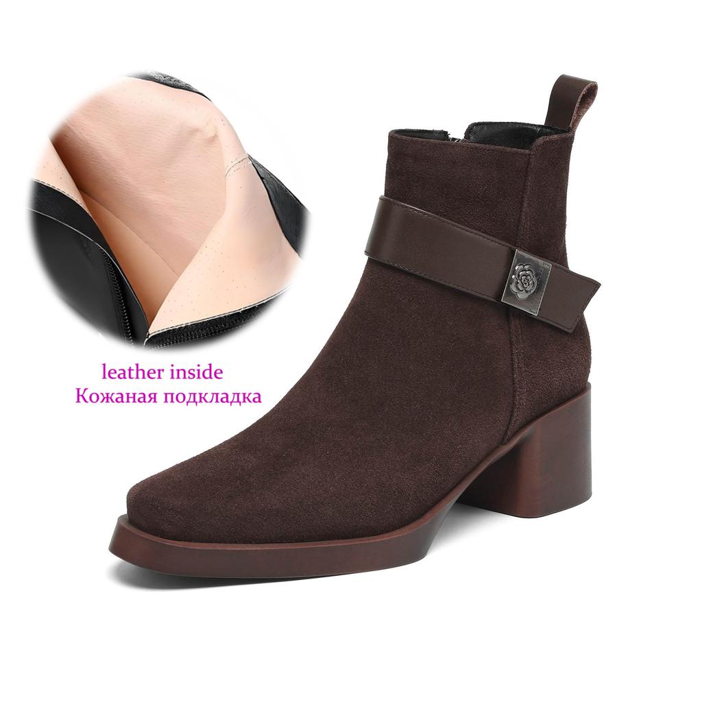 Krazing Pot Cow Suede Nubuck Round Toe Chunky Heels Chelsea Boots Size 43 Zipper Metal Flowers Women Platform Ankle Boots