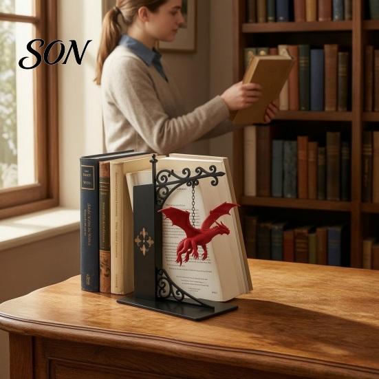 Heavy Duty Fantasy Book Holder Flying Dragon Bookshelf Light, Decorative Bookend Light for & Desk, Bookends Shelves Sculpture Support, Organizer Home