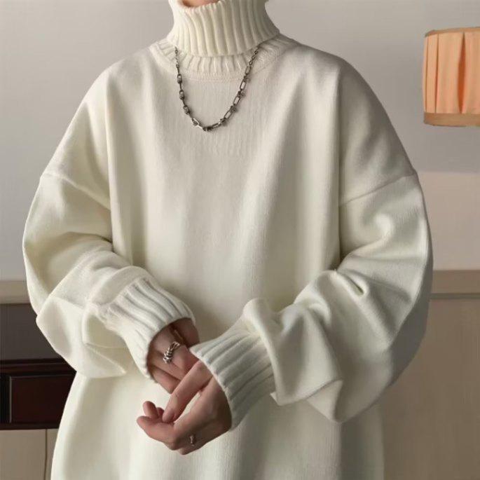 Men's White High-Neck Sweater - Cozy Oversized Knit Autumn/Winter Pullover Base Layer