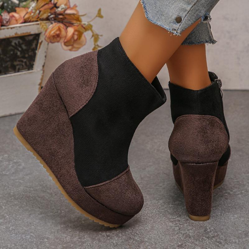 Plus‑Size Round Toe Thick Platform Wedge High Heel Women Ankle Boots