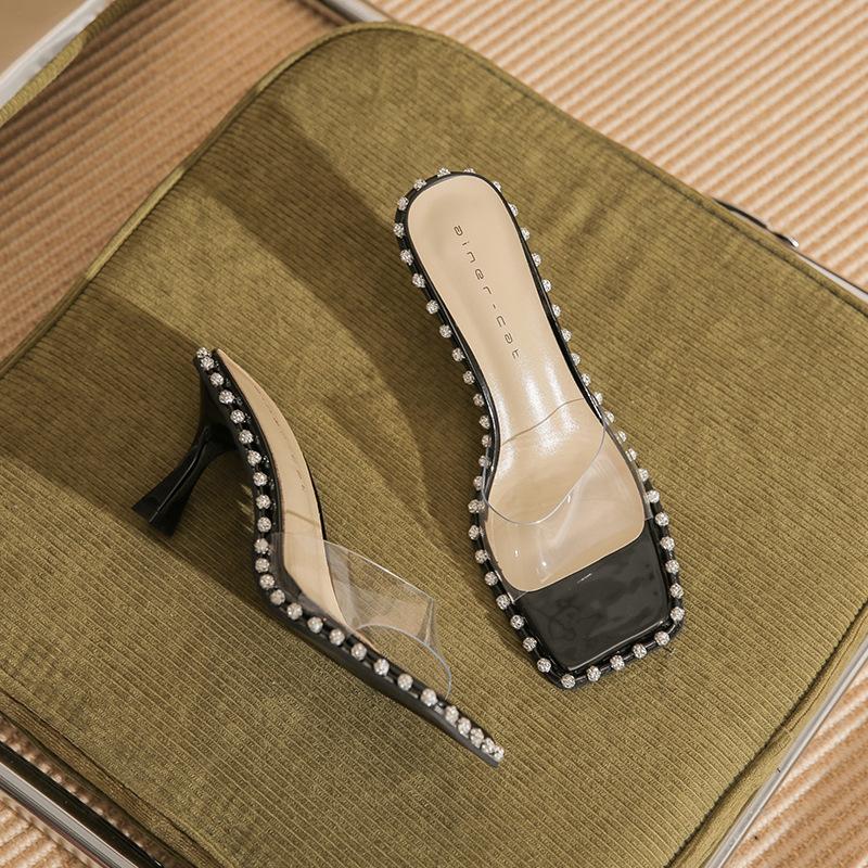 

7301 [sheepskin] square head slippers women s summer outer wear 2025 summer new transparent one-word strap high heels 34