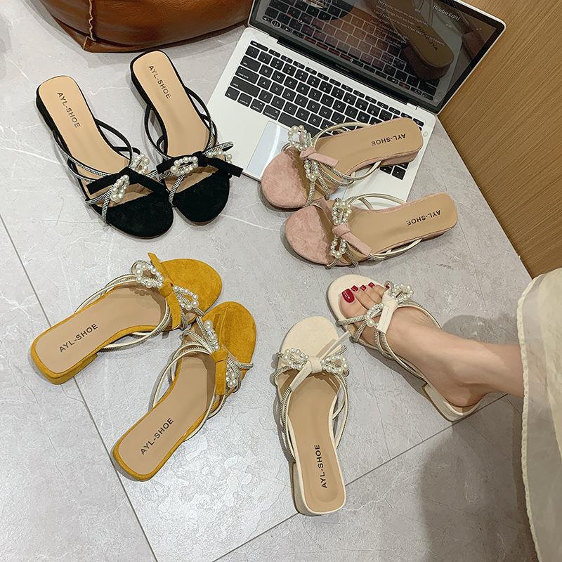 Round head beautiful rhinestone thick heel sandals women's slippers women's summer wear bow pearl small toe