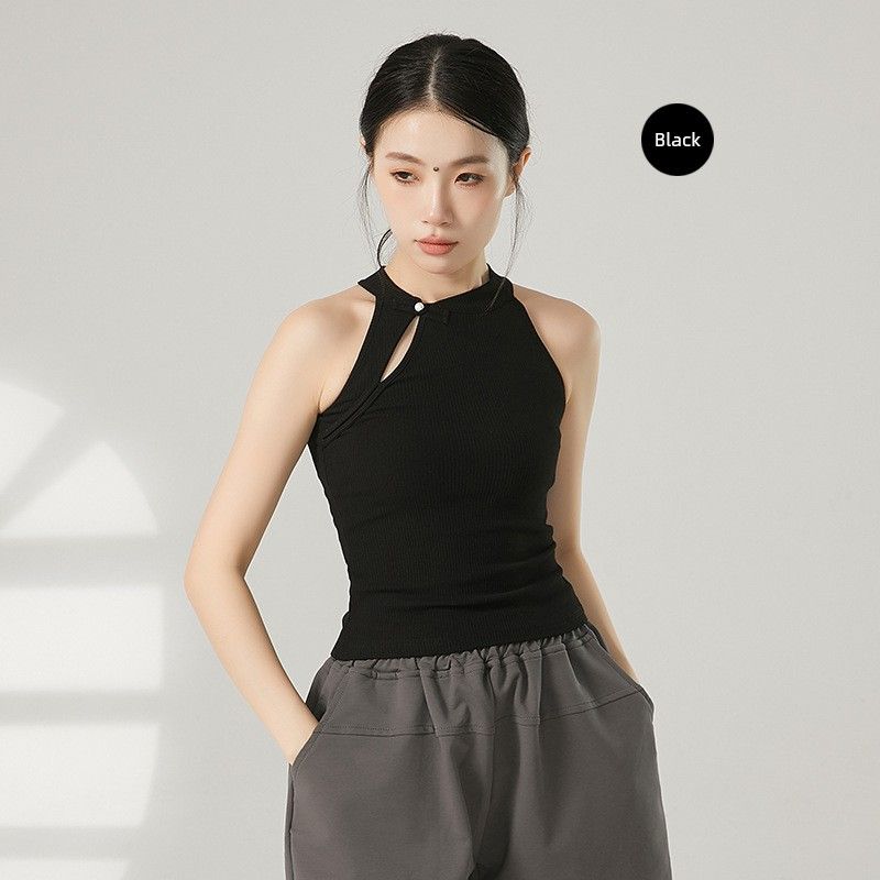 

New Chinese Style Hollow-out Buckle Hanging Neck Knitted Cami Women Summer Temperament Slim fit Short Top Yoga Vest Black XXL
