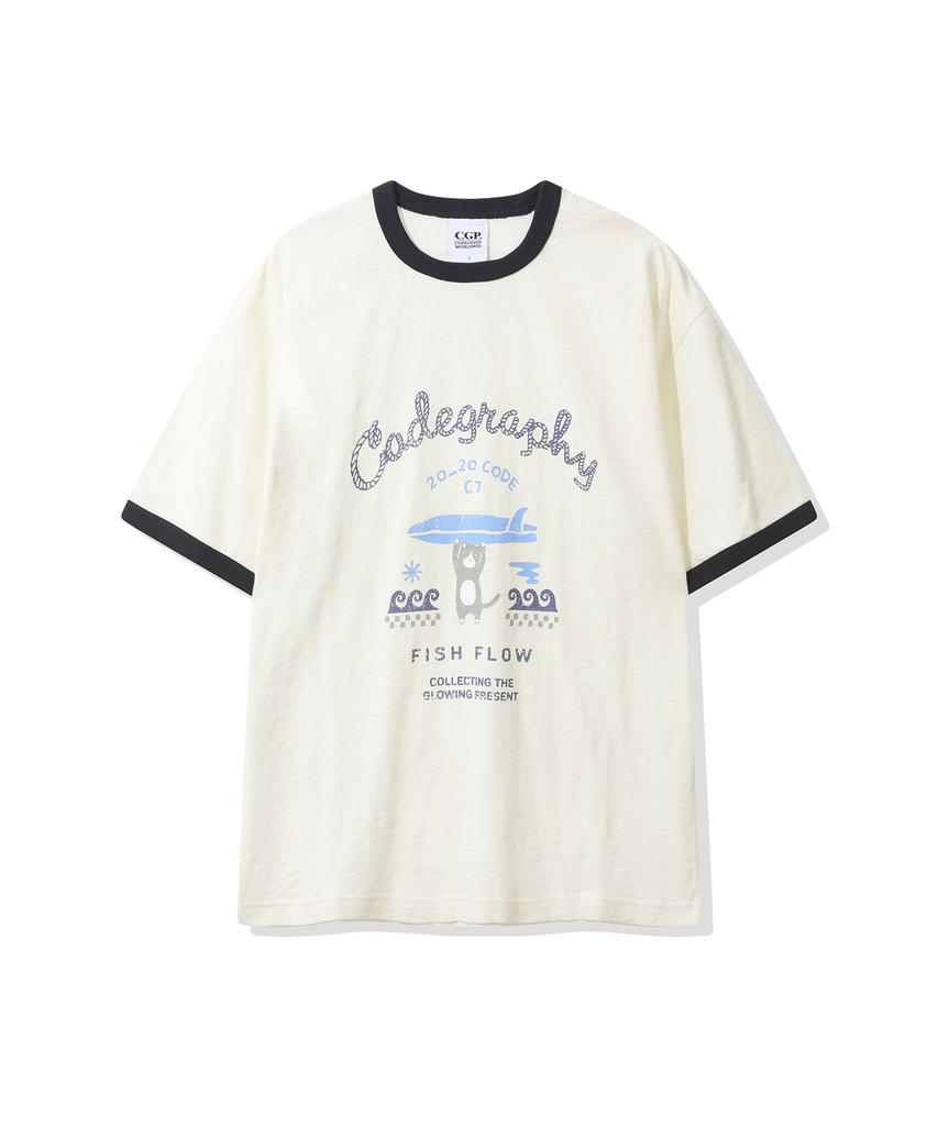 CGP Surfer Cat Ringer Short Sleeve T-Shirt - Cream
