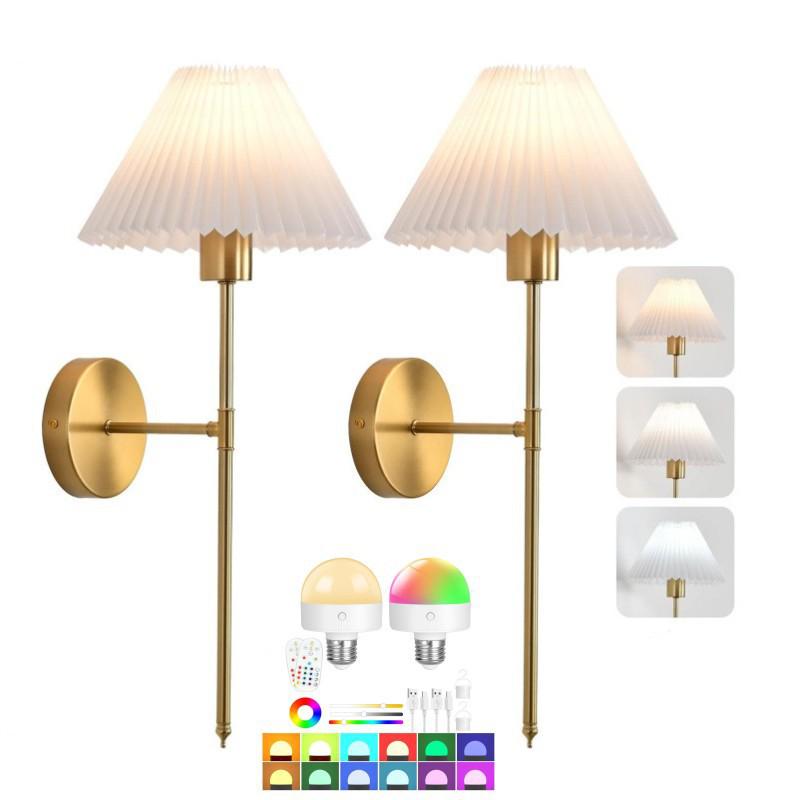 American-Style Wireless RGB Wall Lamp with Remote Control and Fabric Shade for Bedside, Living Room, or Stairwell